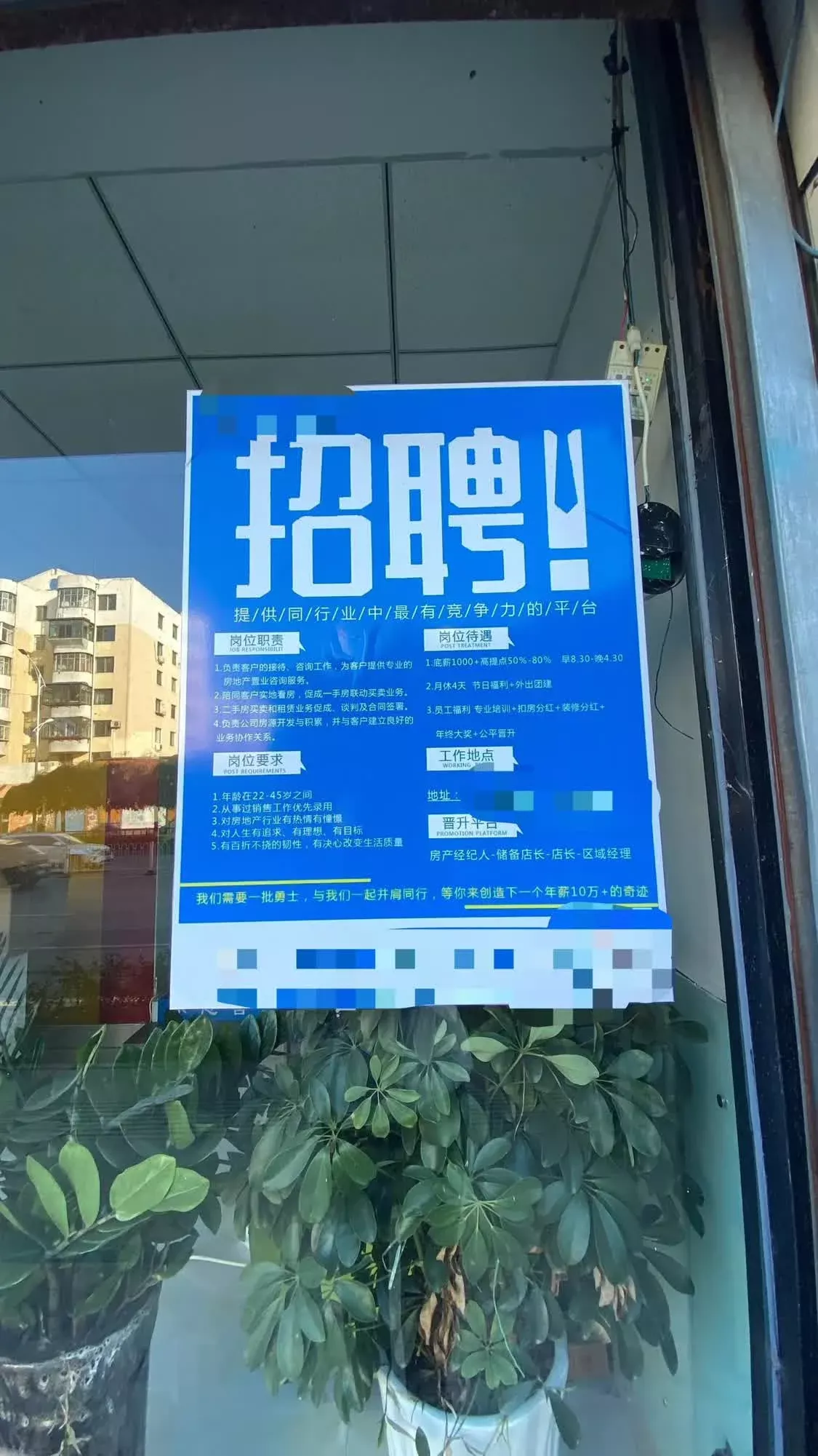 铁岭一家房产中介的招聘广告，岗位待遇为底薪1000元 时代周报 李杭/摄