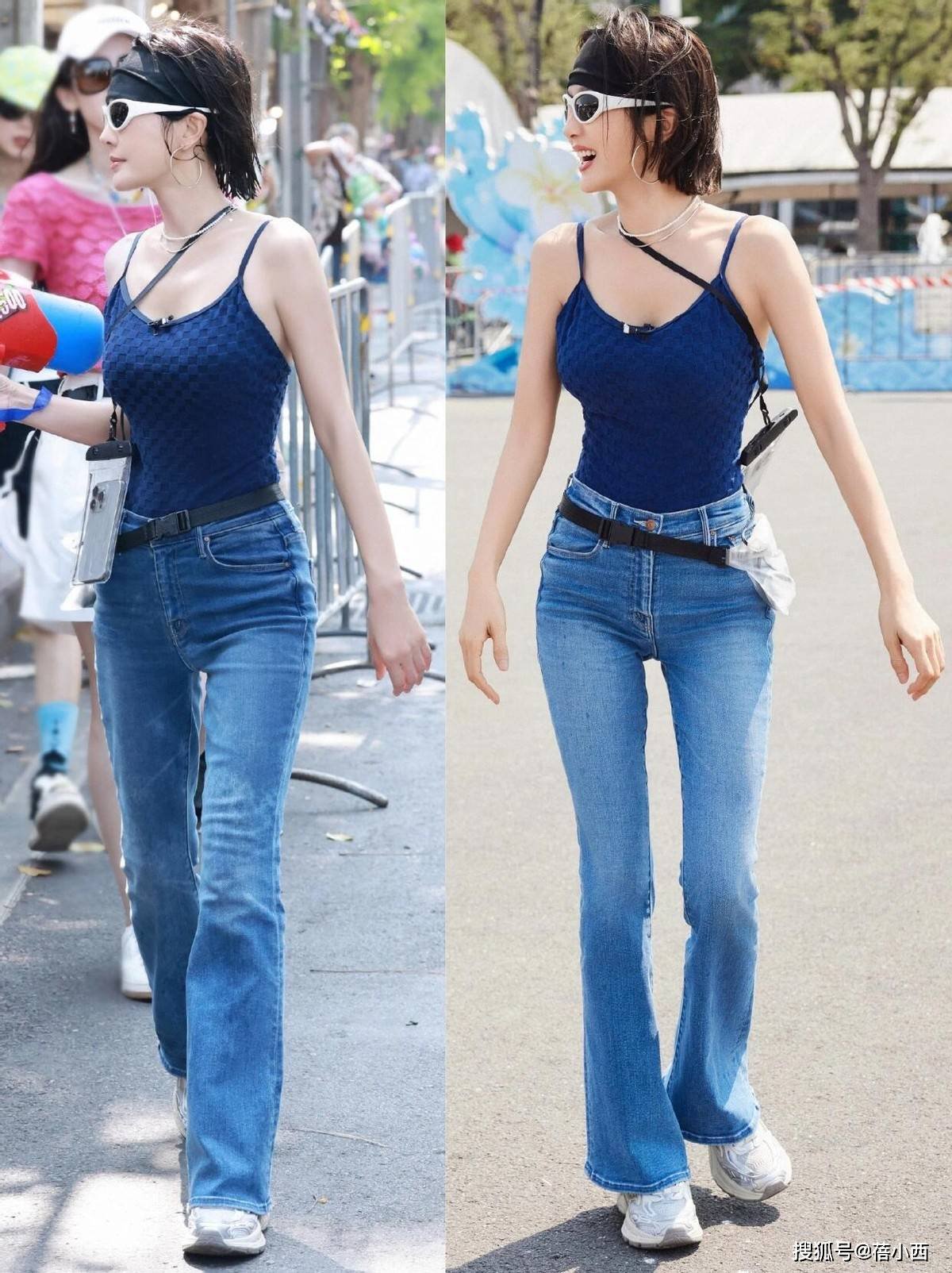 46岁秦岚的湿身照曝光!大热天穿吊带+紧身裤玩水,腰臀比太绝了