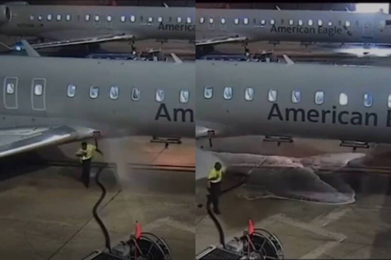 美国德州1名地勤人员替飞机加油，加油软管不慎滑落，航空燃油四处喷洒在停机坪上。（撷取自FL360aero脸书）