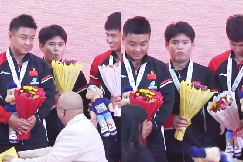 中国队选手林诗栋（中）觉得印度主办方提供的花束很臭，嫌弃表情全被拍下。（本报合成，撷取自Threads）