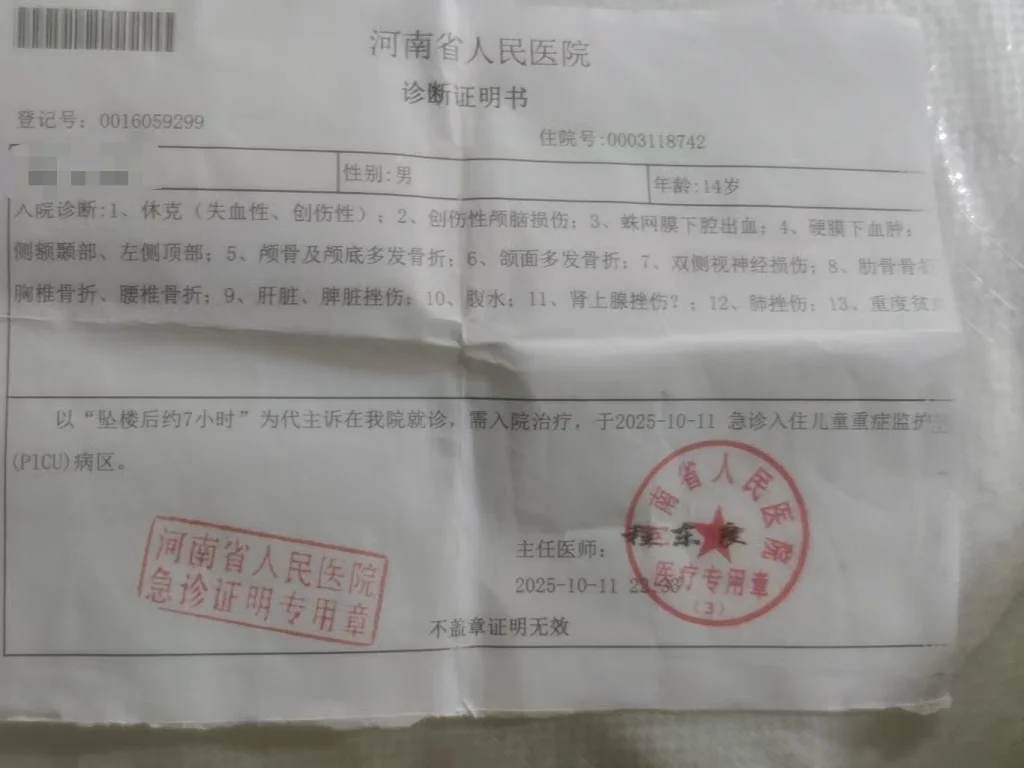 14岁自闭症少年坠楼后病危,母亲求助:已无力承担费用