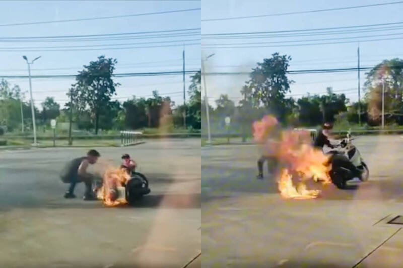 泰国巴真府一加油站近日发生机车起火意外，所幸工作人员机警化解，未酿严重伤亡。（本报合成，撷取自อ๊อฟผู้พิชิตฉลาม YouTube/FB）