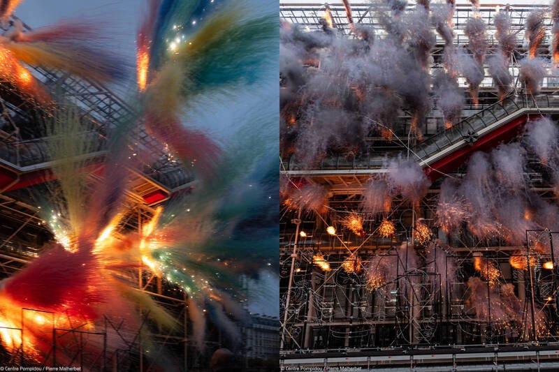 法国巴黎庞比度中心烟火表演《最后的嘉年华》成果照，惨遭中国网友嫌弃。（本报合成，撷取自Centre Pompidou官网）