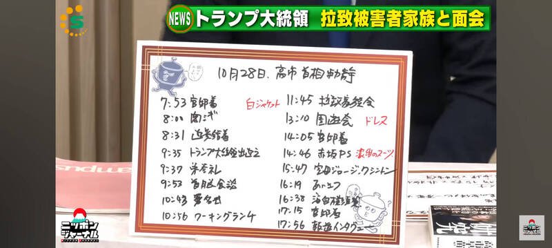 日本政评家江崎道朗以手板公布高市早苗28日「川高会」的全日行程。（取自Nippon Journal画面）