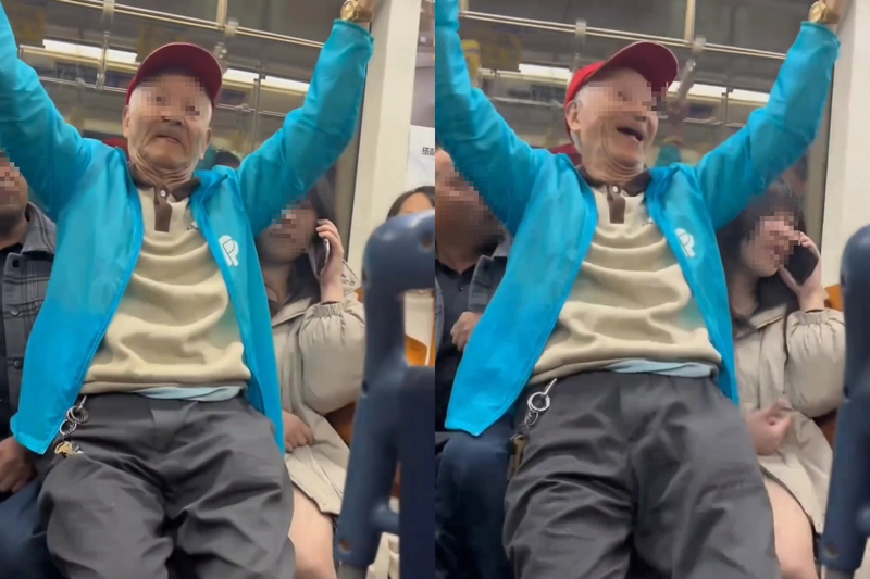 中国上海地铁一名老人强行坐在女乘客身上，不但拒绝他人让座，还发出诡异笑声。（本报合成，撷取自微博）