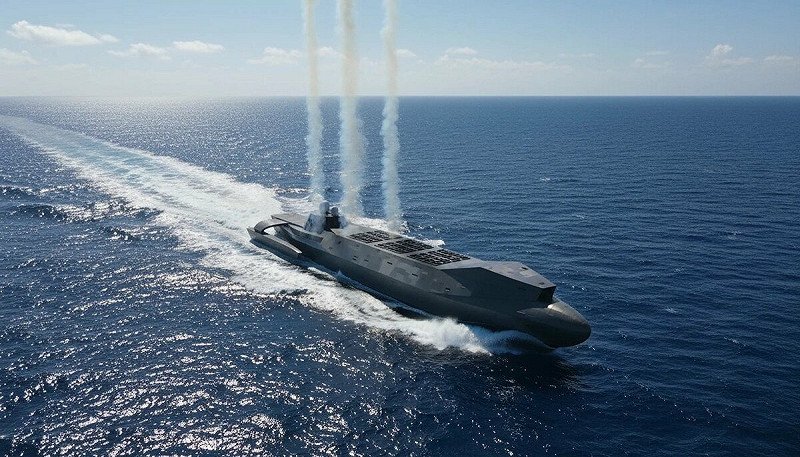 傳衛星影像拍攝到廣州船廠神秘三體半潛式導彈載艦無人船。藝術家依描述畫出的想像圖。   圖：翻攝微博