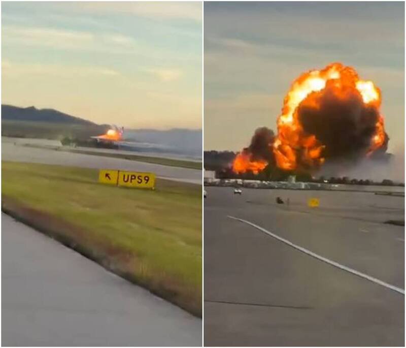 飞机在起飞前就已经起火，随后发生爆炸变成一团巨大的火球。（图撷取自 X）
