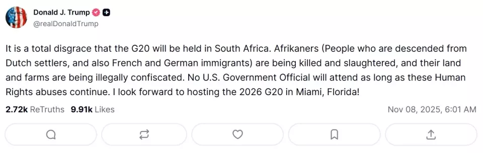特朗普：南非对白人搞“屠杀”，G20峰会美国不去了