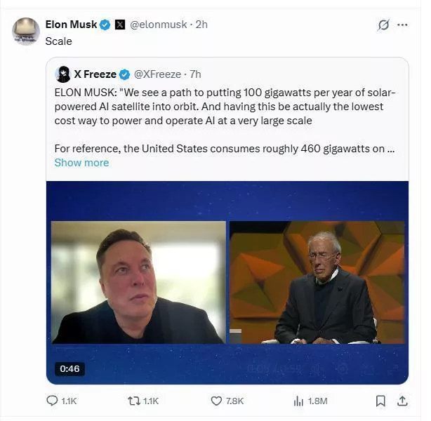 马斯克:计划每年在太空中部署100吉瓦AI卫星