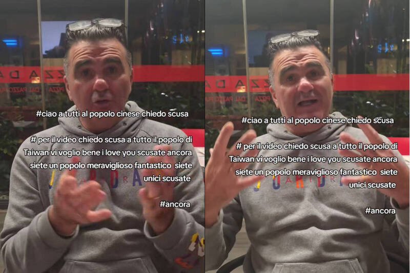 义大利「疯子披萨店」老板拍影片向台湾游客道歉。（本报合成，撷取自Pizza Dal Pazzo/IG）
