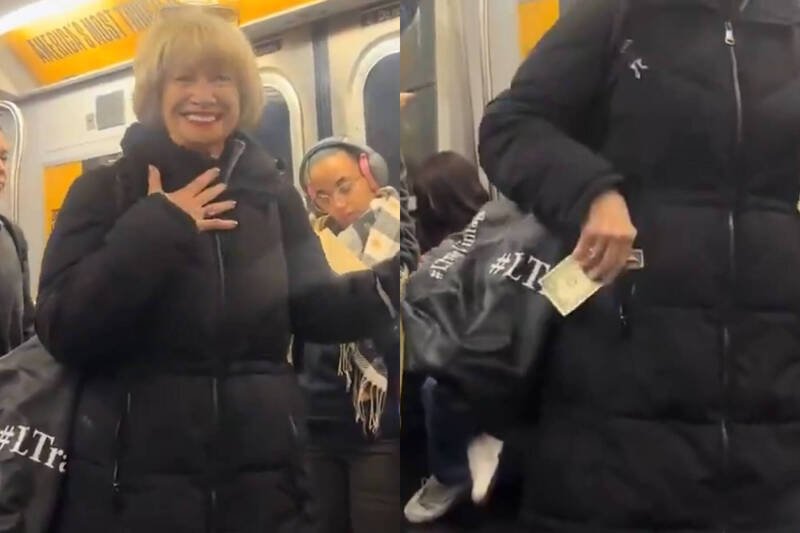 纽约地铁一名妇人希望其他乘客让座，并从口袋掏出钞票。（本报合成，撷取自@Breaking911/X）