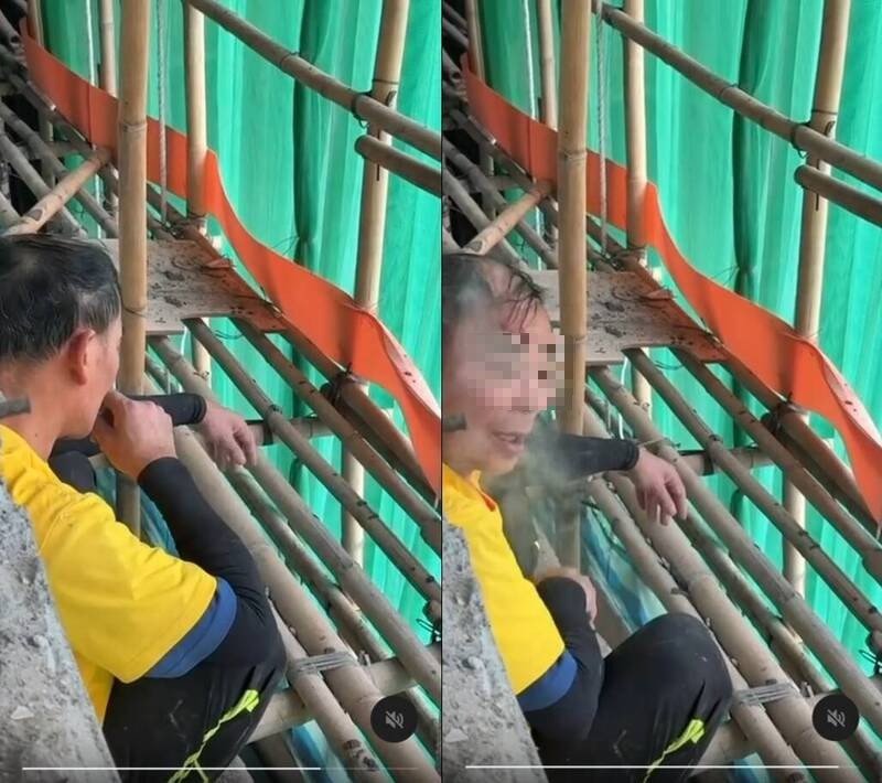 网路也流传，疑似有工人无视消防安全规定，竟直接蹲在鹰架旁吸烟，目击民众质疑「你又在这里抽烟啊？」被拍到的工人则是受惊并转头看向镜头。（图撷自threads）