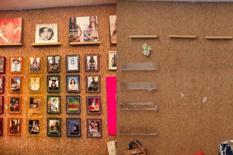 上海滨崎步主题咖啡馆里原本贴满滨崎步照片墙（左），在12月2日都被清空（右）。（图撷自X）