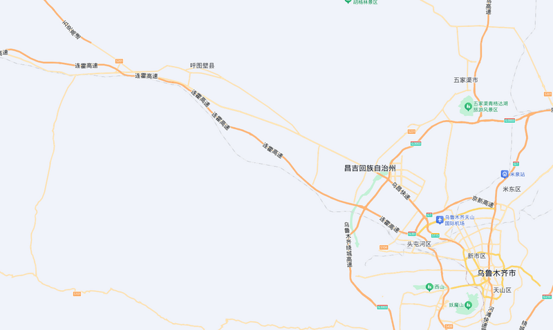 中国连霍高速公路新疆路段，6日发生2起连环撞酿9死7伤。新疆连霍高速公路示意图。（图撷自百度地图）
