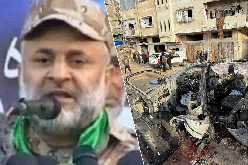 以色列军方13日对加萨市发动精准空袭，哈玛斯高阶指挥官萨德（左）所乘坐的车辆遭彻底摧毁（右）。（图取自X平台、路透；本报合成）