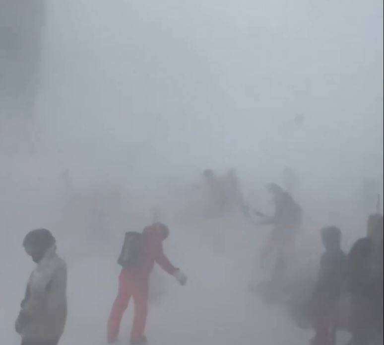 网路流传一段北海道知名滑雪胜地二世古游客们受到暴风雪侵袭，只能趴在地上或是艰难移动的影片。（图撷取自 X） 