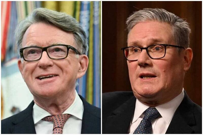 英国首相施凯尔（右）及前英国驻美国大使曼德森（左）。（法新社，本报合成）