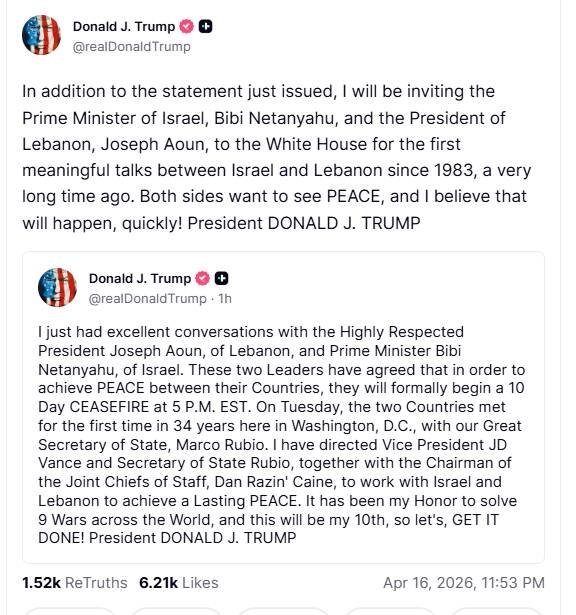 美国总统川普在社群平台「Truth Social」上宣布以色列、黎巴嫩同意停火10天。（撷自「Truth Social」）