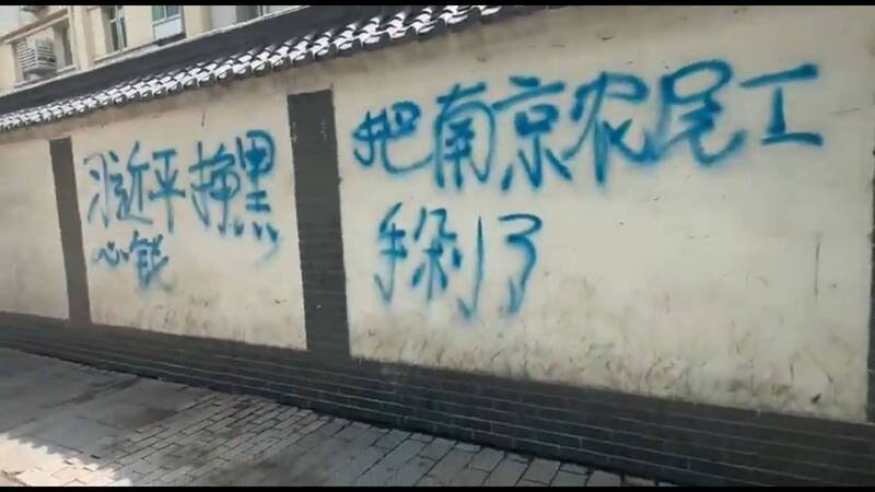 近日传出，位于中国陕西省西安市的街头，有好几面墙壁被人用喷漆写下「习近平挣黑心钱」等斗大标语。（图撷取自@whyyoutouzhele 社群平台「X」）